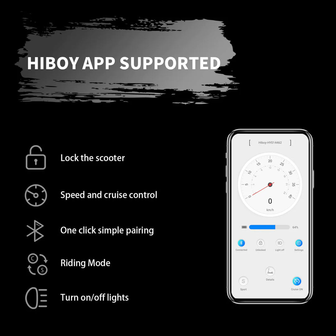 The s2 hiboy is app supported. Lock the scooter, speed and cruise control, one click simple pairing, riding mode, turn on lights, turn off lights.